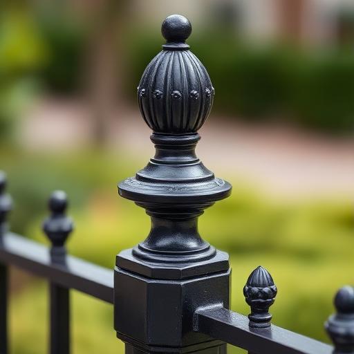 Ornamental wrought iron fence post with decorative finial