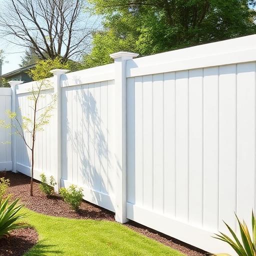 White vinyl privacy fence panels in a residential yard