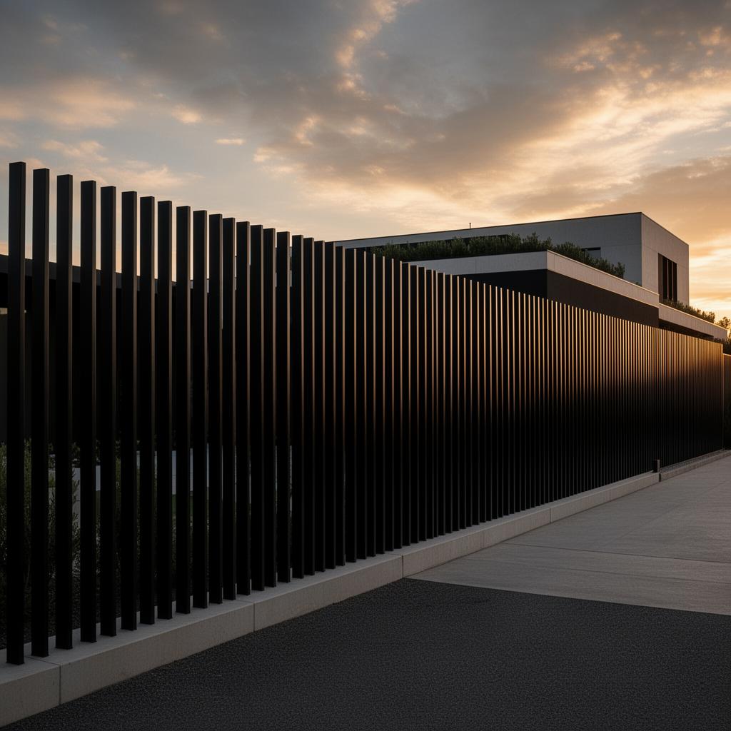 Modern black iron fence at sunset surrounding a luxury property